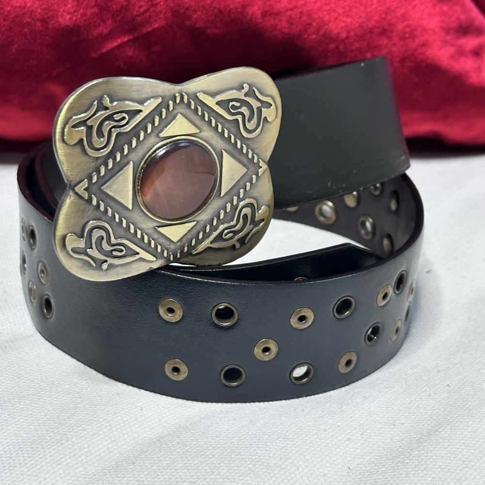 Elegant Black Belt with Ornate Brass Buckle 32-34 Dark Brown Studded PU Leather